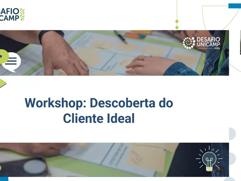 Na imagem, O Slide de introdução do workshop do dia 6 de abril sobre descoberta do cliente ideal e negócios de impacto socioambiental.
