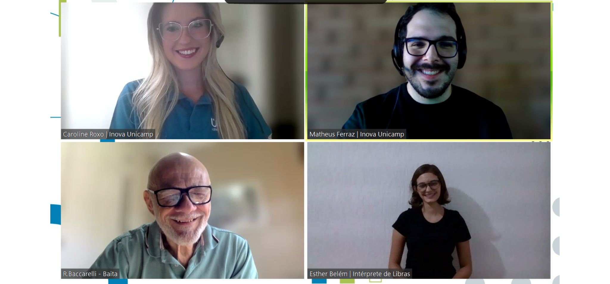 Na foto, membros da organização do Desafio Unicamp, palestrante e Intérprete de Libras sorriem para a captura de tela na plataforma zoom, onde ocorreu o evento.