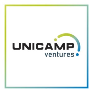 Logo Unicamp Ventures com o escrito e um arco com degradê do verde ao azul. Fim da descrição