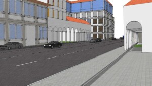 Desenho de um projeto arquitetônico de uma rua com carros e prédios, mas sem alta caminhabilidade para pedestres . Fim da descrição.