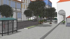 Desenho de um projeto arquitetônico da mesma rua depois com carros e prédios, mas agora apresenta árvores, pontos de ônibus coberto e faixa mais larga para pedestres caminharem. Fim da descrição.