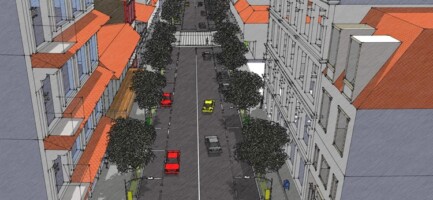 Desenho de um projeto arquitetônico de uma rua com prédios, árvores e carros coloridos que usou a tecnologia retrofit . Fim da descrição.