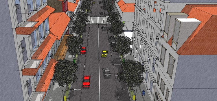 Desenho de um projeto arquitetônico de uma rua com prédios, árvores e carros coloridos que usou a tecnologia retrofit . Fim da descrição.
