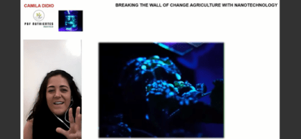 Print da tela com imagem de Camila Chaves, integrante do time PBF Nutrientes, vendedores do Desafio Unicamp 2022, apresentando o pitch da equipe no concurso Falling Walls.