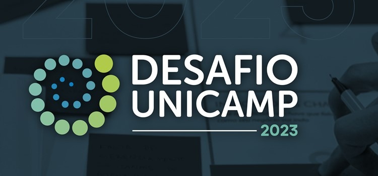 Imagem logotipo Desafio Unicamp em letras brancas e o ano 2023 em tom verde claro. Fundo da imagem escuro. Fim da descrição.