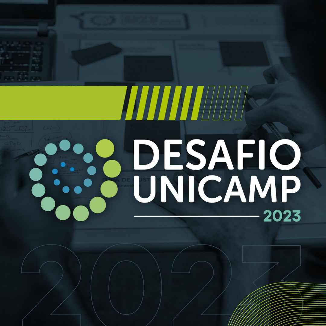 Logotipo do Desafio Unicamp 2023 em cores branca e tons de verde. Fim da descrição.