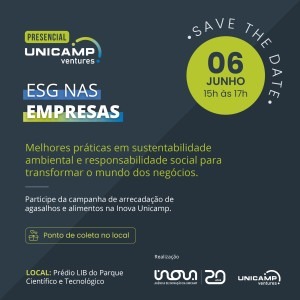 Banner de divulgação do evento realizado pela Inova unicamp e o unicamp ventures sobre boas práticas de ESG