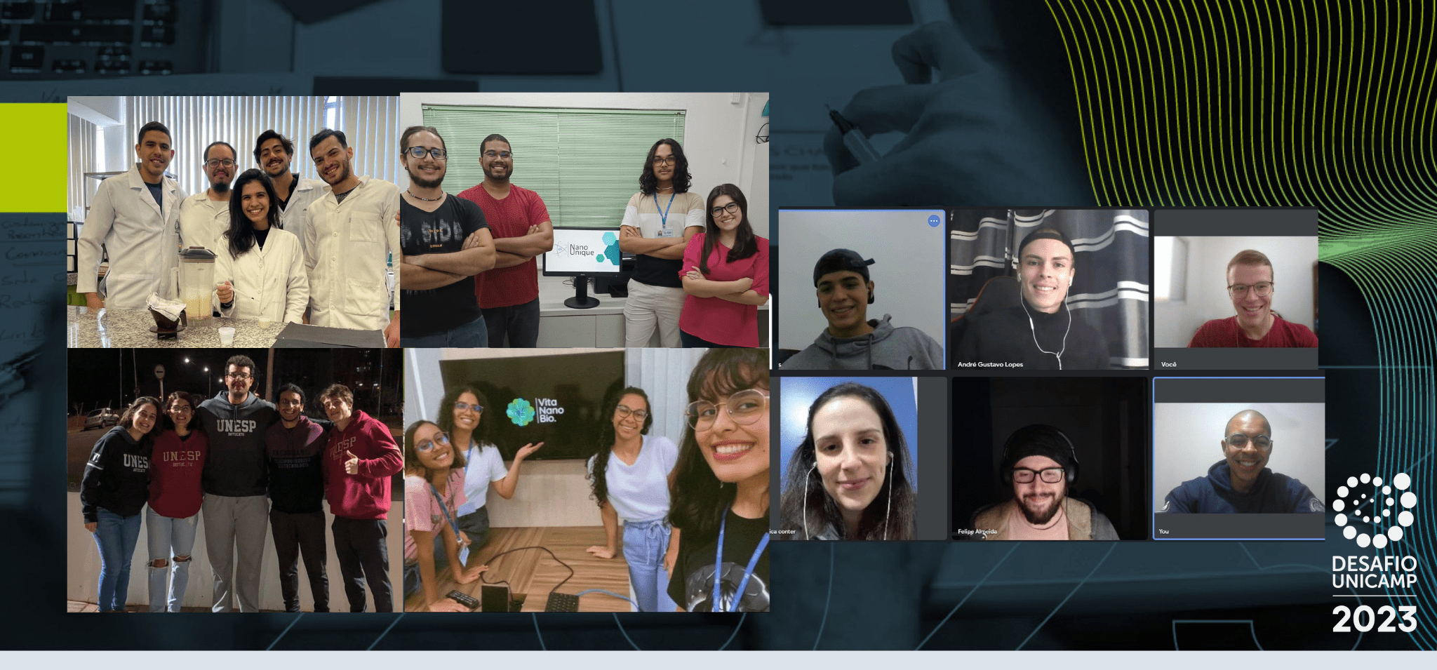 Imagem de fundo azul escura, com colagem de fotos das seis equipes participantes da Final do Desafio, fim da descrição.