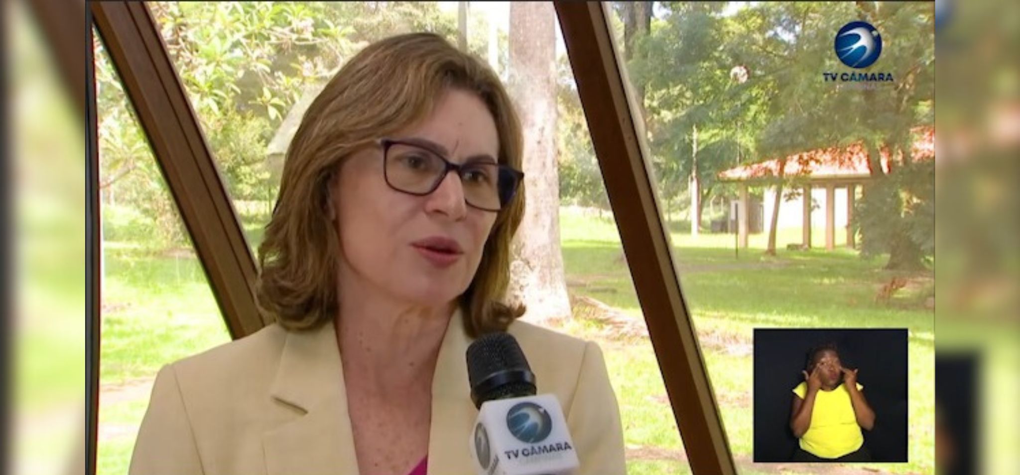 Captura de tela. Professora Ana Frattini dá entrevista para TV Câmara de Campinas. Ela é uma mulher loira, usa óculo de armação quadrada. Fim da descrição.