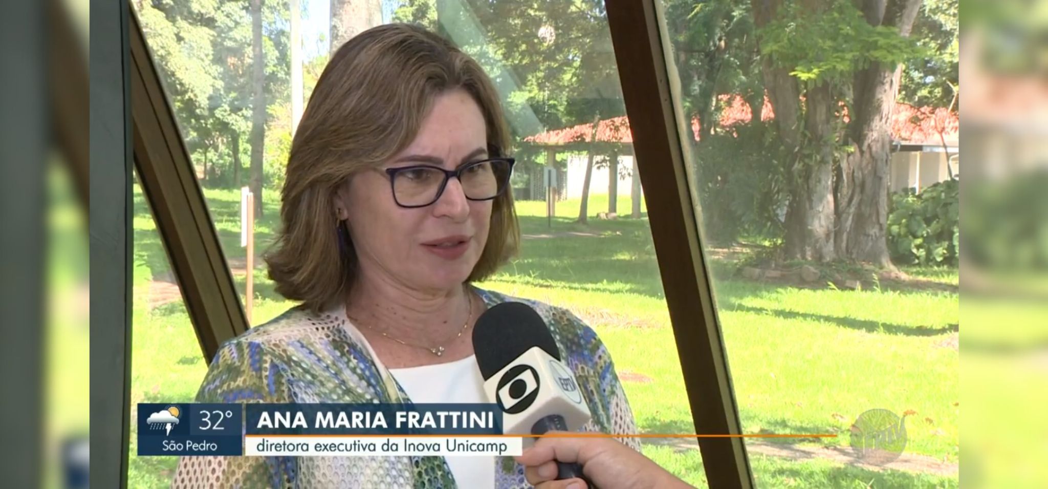 Captura de tela, Ana Frattini, diretora-executiva da Inova Unicamp, dá entrevista para a EPTV Campinas. Fim da descrição.