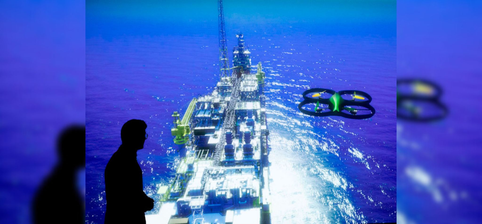 Imagem. Montagem mostra um drone sobrevoando um navio-plataforma da Petrobras. Fim da descrição.