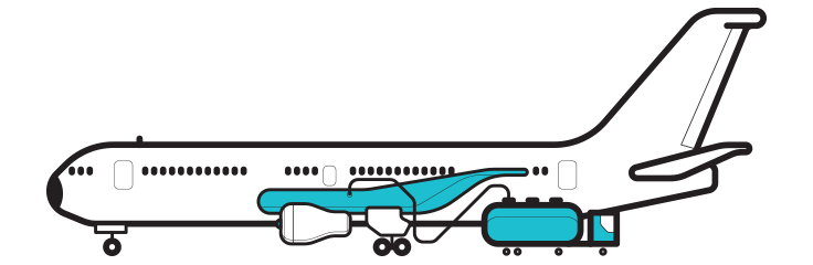 Ilustração de avião esquematiza em azul onde seria armazenado o SAF no avião, na lateral e na posterior. Fim da descrição